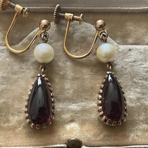 Antique Garnet and Pearl Drop Earrings - 9ct Gold - Screw Back