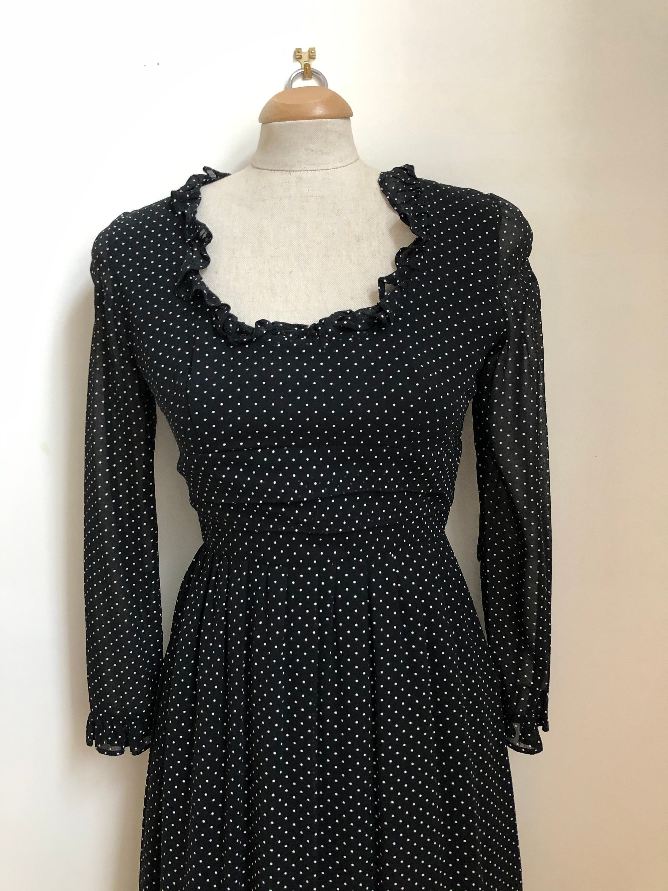 Image of Angela Gore. Beautiful Vintage 's 's Black Chiffon Polka Dot Maxi Dress