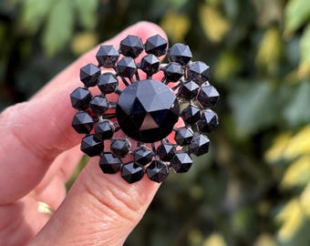 Antique French Jet Brooch - Black Faceted Glass