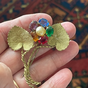 Vintage Flower Brooch, Gilt Metal  - Paste Gemstones and Glass Pearl