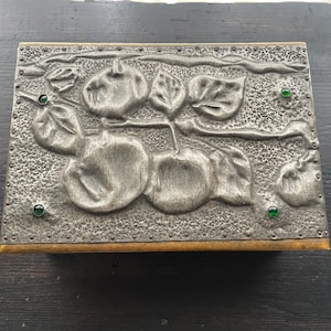 Vintage Wood and Pewter Box - Green Stones  - Arts and Crafts Style