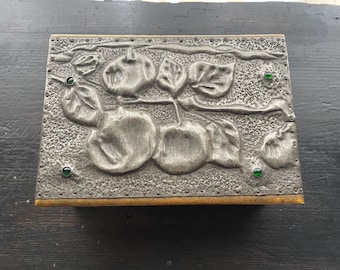Vintage Wood and Pewter Box - Green Stones  - Arts and Crafts Style