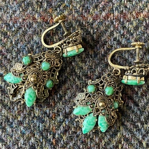 Vintage Art Deco Czech Brass Filgree Pendant Earrings with Green Peking Glass Stones