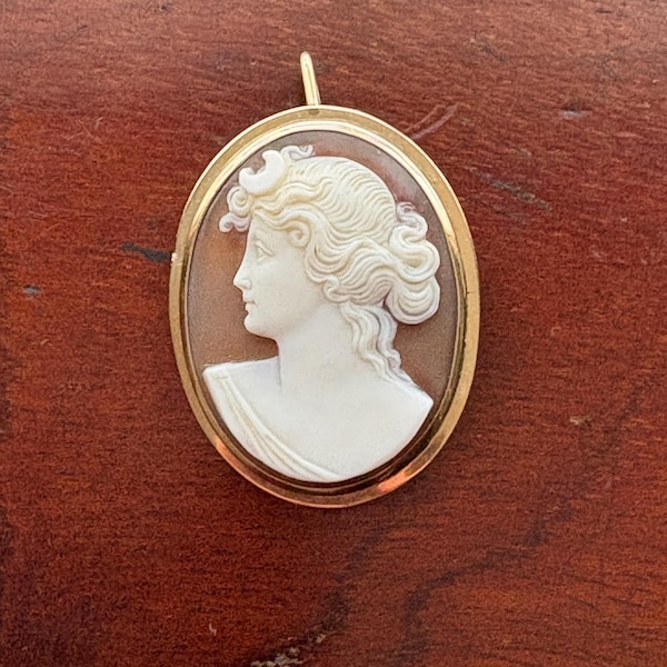 Broche e pingente antigos com camafeu da Diana, a Caçadora, em concha, com moldura em ouro 14k.