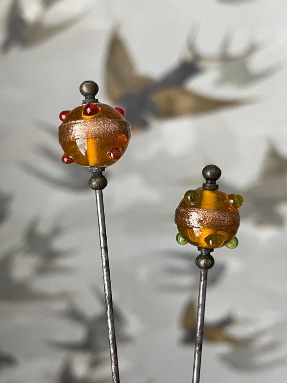 Antique Art Deco Murano Lampwork Glass Bead Hat Pins - Gold  display picture 1
