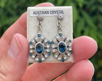 Pendientes Vintage Cristal Austriaco Zafiro Azul y Pasta de Diamante Estilo Art Déco