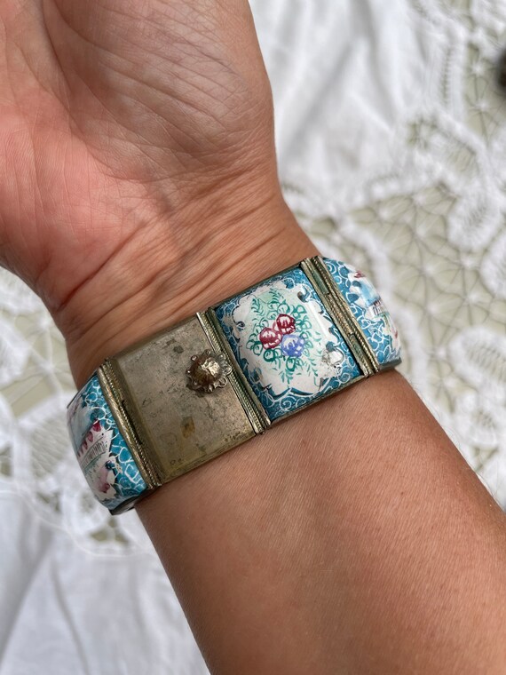 Bracelet Vintage Argenté Style Art Déco - Fleurs Et CZ Bleu - Années 1920