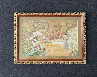 Lovely Vintage Original Watercolour Painting in a Beautiful, Wood, Hand Carved and Gilded Frame - Garden Scene
