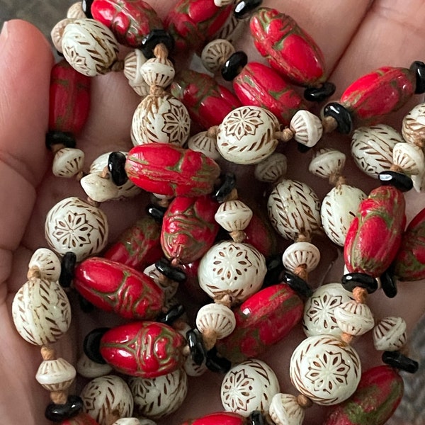 Vintage Czech Beaded Flapper Necklace - Neiger Scarab Beads - Red, Cream and Black