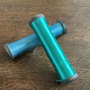 Antique Wooden Reel or Bobbin of Silk Thread in Beautiful Jewel Colours