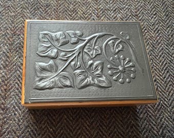 Small, Vintage, Arts and Crafts Style Wood Box with Repousse Decoration