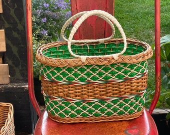 Vintage Retro Wicker and Plastic Twin Handled Shopping Basket