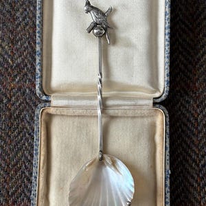 May include: A silver-toned spoon featuring a cockatoo bird figure at the top of a twisted handle and a bowl made from a white iridescent seashell. The spoon is presented inside a rectangular hinged case with a cream-coloured satin lining.
