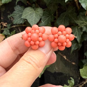 May include: A pair of coral-colored cluster earrings. Each earring features a floral design made of small, round beads. The earrings are held up against a background of green foliage.