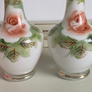 Antique Pair Hand Painted Milk Glass Bud Vases - Roses with Gilding
