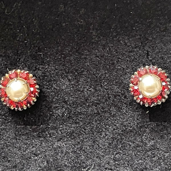 Dainty Vintage Art Deco Silver Flower Stud Earrings - Faux Pearl and Ruby Garnet Paste - Patent