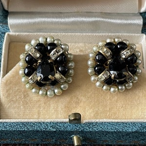 Lovely Vintage Clip on Earrings - Film Star Glamour - 1940s French Jet, Faux Pearls and Crystal Rondelles