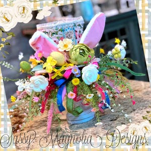 Whimsical Easter Bunny Hat Candlestick, Spring Bunny Candlestick, Sweet Easter Decor, Easter Floral Centerpiece, Spring Decor