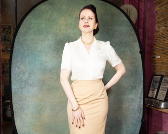 Ashley, white satin blouse in the style of the 40s