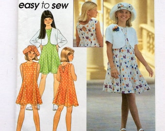 Simplicity 8068, Girls' Dress, Jacket, Hat Pattern, V-Back Sundress Pattern, Bolero Jacket, Size 7, 8, 10, Vintage Uncut Pattern