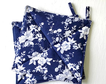 Porcelain Blue and White Floral Potholders, Set of Two Quilted Large Hot Pad