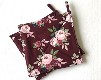 Burgundy and Roses Reversible Potholders, Quilted Hot Pads, Set of Two Trivets