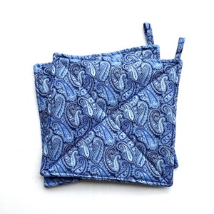 Blue Paisley Potholders, Set of Two Quilted Hot Pads in Shades of Blue
