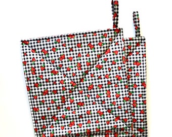 Strawberry Potholders, Black and White Gingham Checked Set of Two Quilted Hot Pads