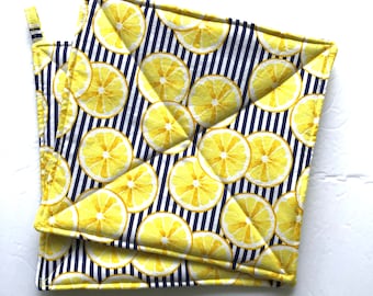 Lemon Potholder Set, Quilted Hot Pads, Navy Stripe, Set of 2