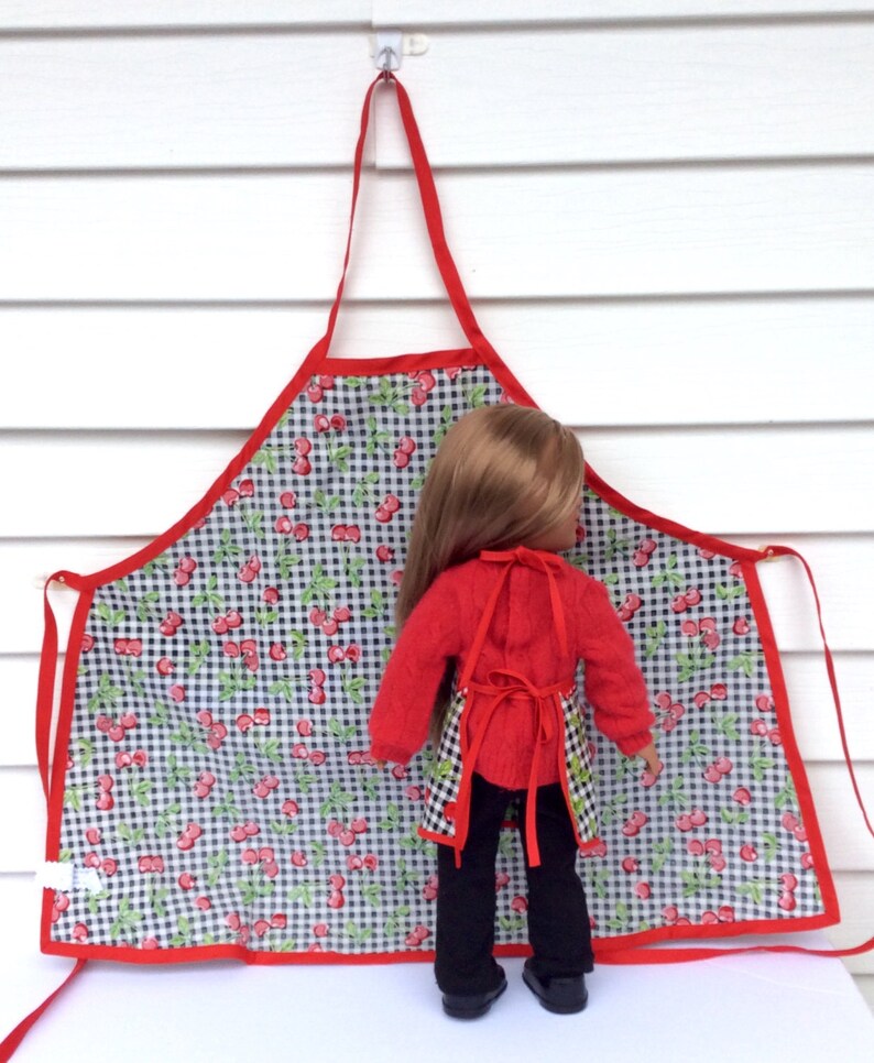 18 Inch Doll and Girl Matching Aprons, Cherry Aprons for A Doll and Her