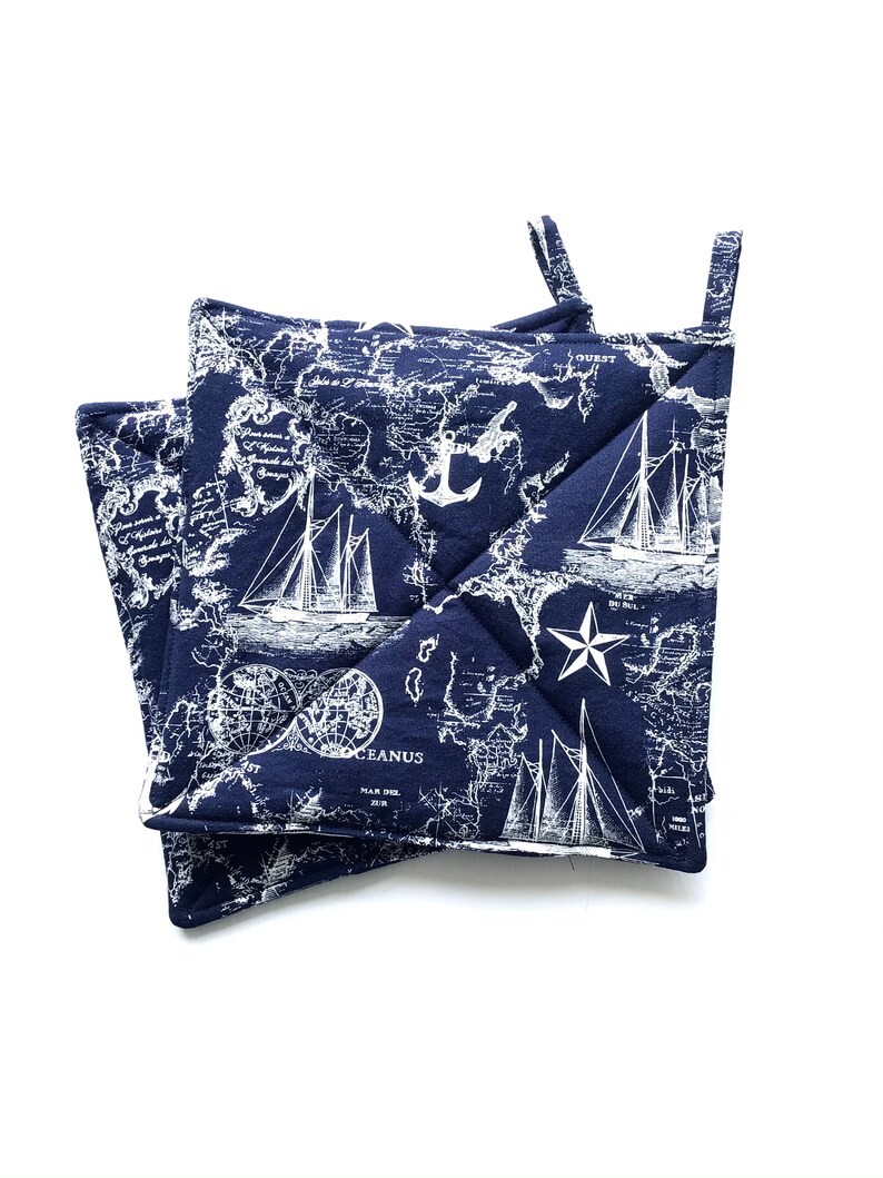 Navy Blue Nautical Potholder Set, Ships, Anchors, Ocean Maps, Set of