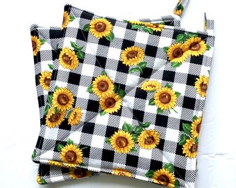 Sunflower Potholders, Black & White Check, Quilted Hot Pads, Set of Two