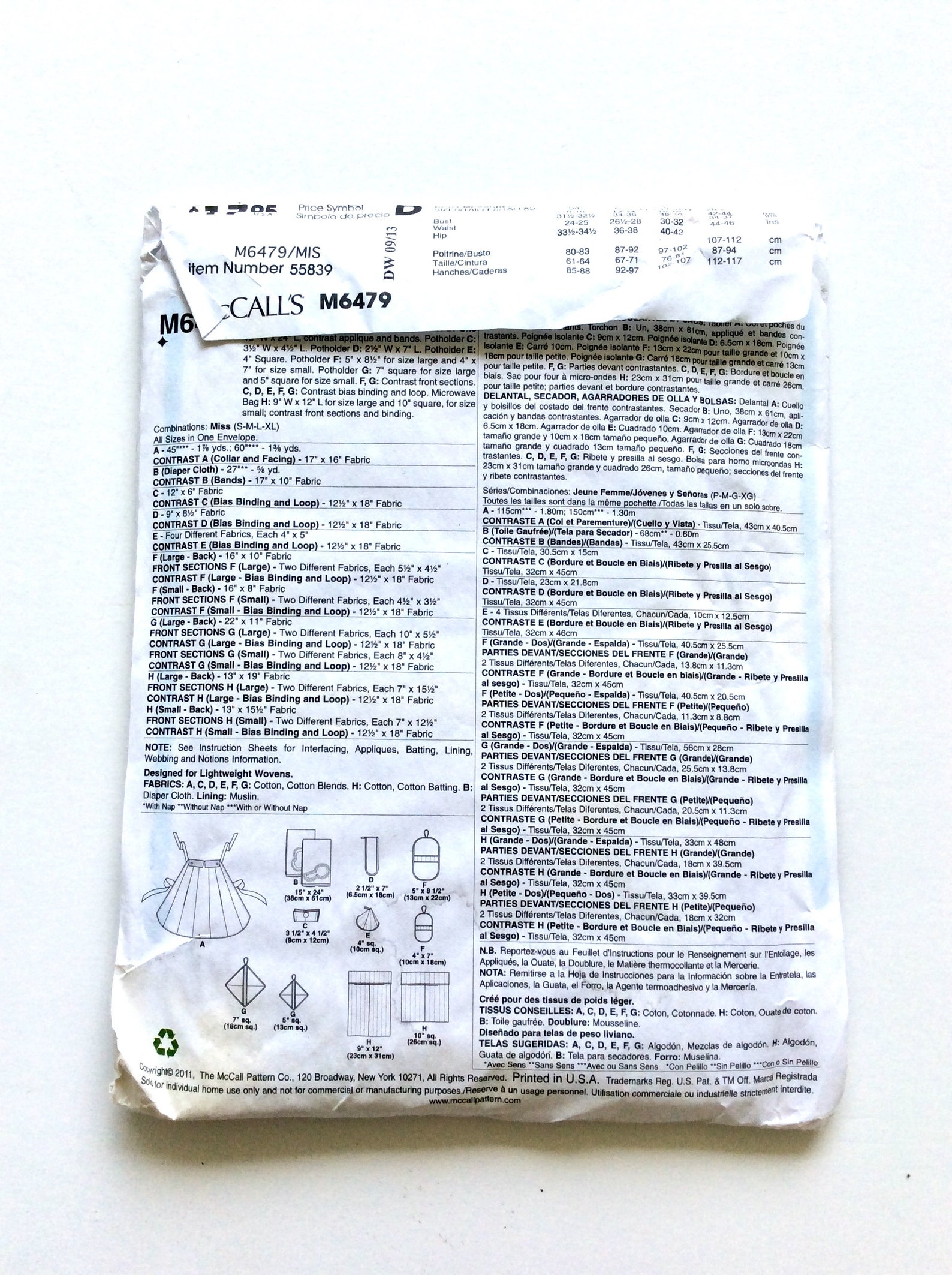 Mccall's M6479 Pattern for Apron, Kitchen Towel, Potholders, Microwave ...