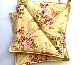 Golden Yellow Floral Potholder Set, Yellow with Pink Flowers Hot Pads, Set of Two