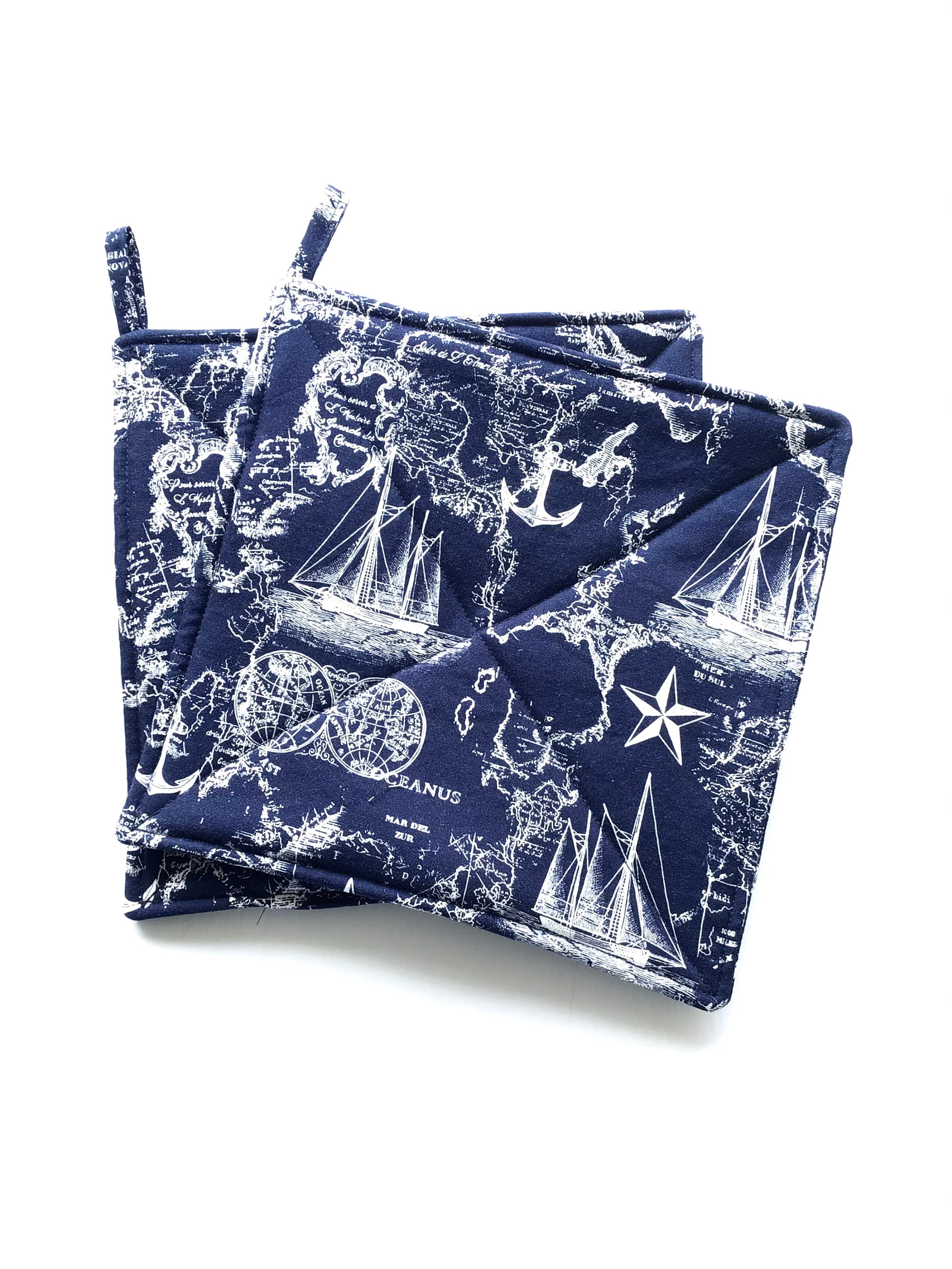 Navy Blue Nautical Potholder Set, Ships, Anchors, Ocean Maps, Set of