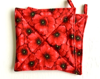Red Poppy Quilted Potholders, Floral Hot Pads, Set of Two