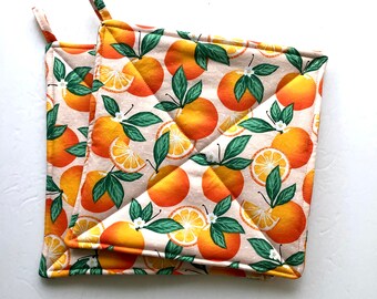 Oranges on a Peach Background Potholder Set, Set of Two Quilted Hot Pads