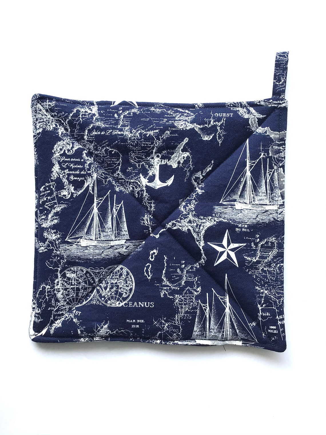 Navy Blue Nautical Potholder Set Ships Anchors Ocean Maps Etsy