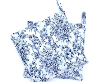 Country Damask Blue and White Floral Potholders, Quilted Hot Pads, Set of Two