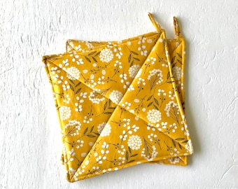 Reversible Golden Yellow Floral Potholders, Quilted Trivet Hot Pads, Set of Two
