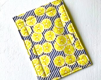Lemon Casserole Hot Pad, Navy Stripe Reversible Quilted Trivet (9x13)