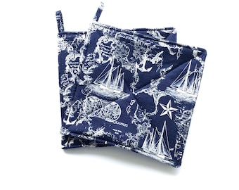 Navy Blue Nautical Potholders, Ships, Anchors, Ocean Maps, Set of Two Quilted Hot Pads, Made to Order