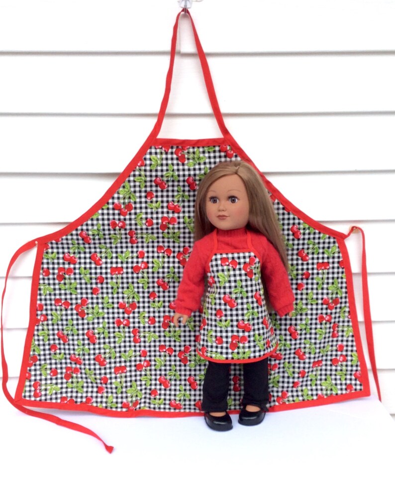 18 Inch Doll and Girl Matching Aprons, Cherry Aprons for A Doll and Her