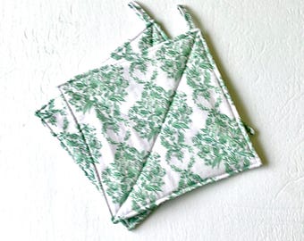 Sage Green Floral Potholder Set, Country Damask Quilted Hot Pads, Set of Two