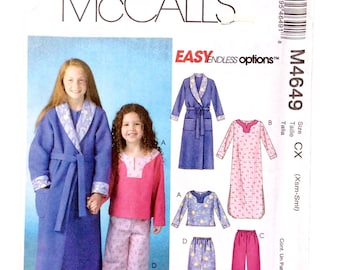 McCall's M4649, Girls' Pajama and Robe Pattern, Girls' Robe, Belt, Top, Pants, and Gown, Size XS - S, Uncut Pattern