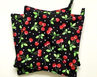 Cherries Potholders, Set of Two Quilted Hot Pads