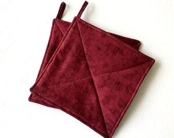 Burgundy Reversible Potholders, Wine Quilted Hot Pads, Set of Two Trivets