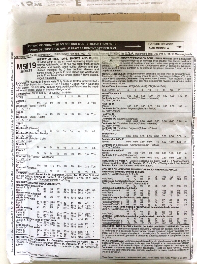 Women/'s Jacket Top Uncut Pattern Shorts and Pants Pattern DIY Style Size 4-12 McCall/'s M5819