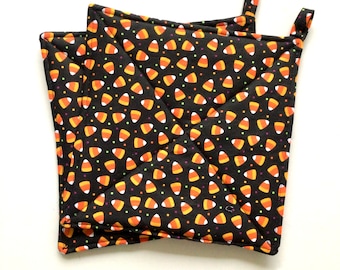 Candy Corn Quilted Potholders, Set of Two Fall and Halloween Hot Pads