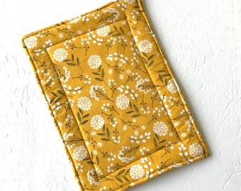 Golden Yellow Floral Casserole Hot Pad, Quilted Reversible Cotton Trivet, 9 x 13”